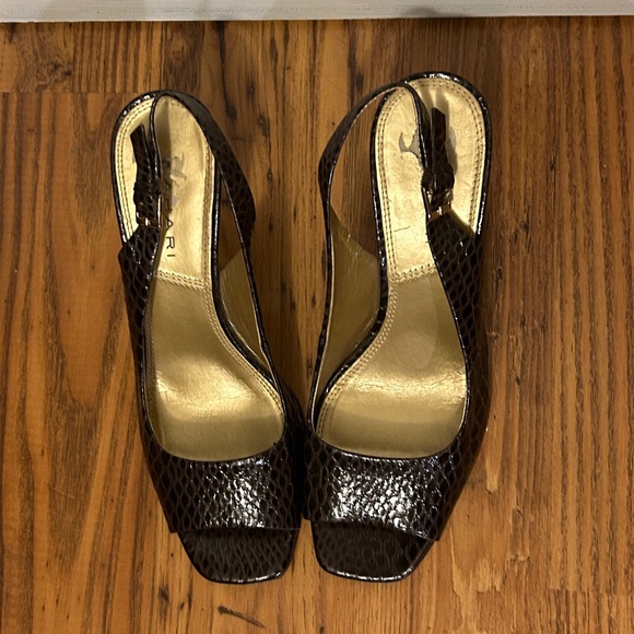 Tahari Dark Brown Snake-Embossed Slingback Heels with Gold Insole - Picture 3 of 5